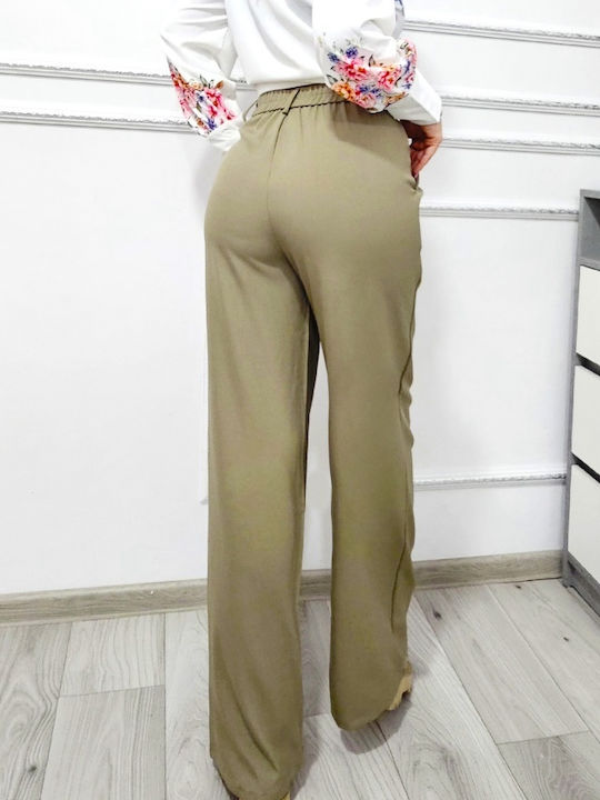 Women's Fabric Trousers Wide Line Khaki
