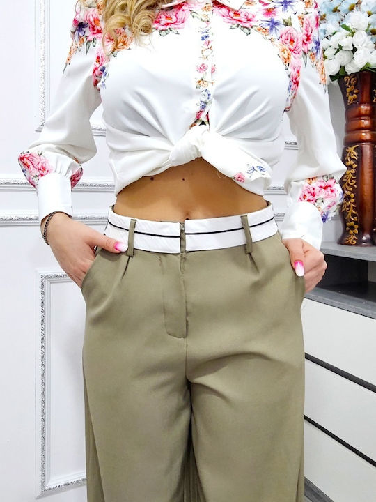 Women's Fabric Trousers Wide Line Khaki