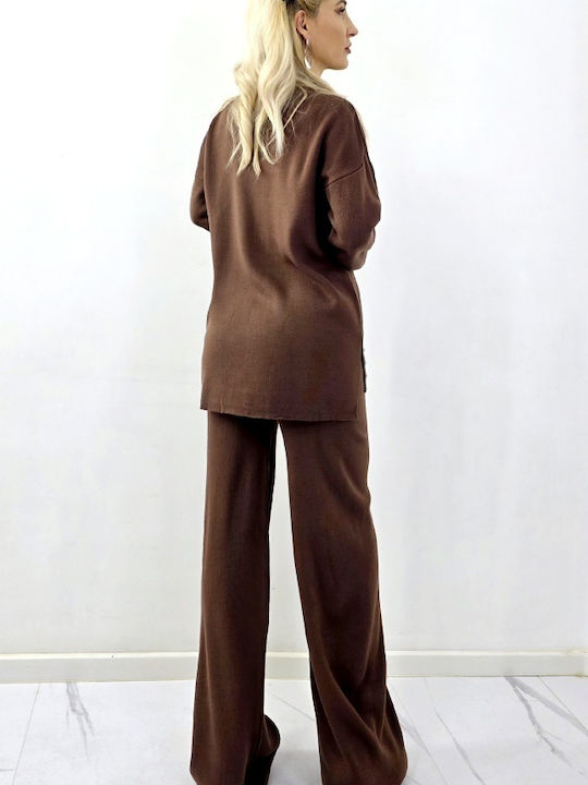 Women's Brown Set with Pants Striped