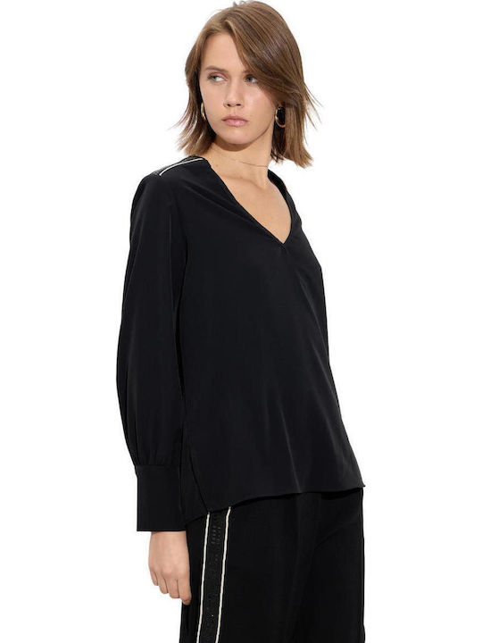 Women's Blouse Long Sleeve with V Neckline Black