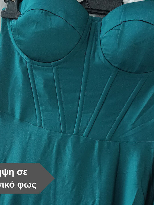 Καλοκαιρινό Maxi Φόρεμα για Γάμο / Βάπτιση Strapless Σατέν Εξώπλατο Πράσινο