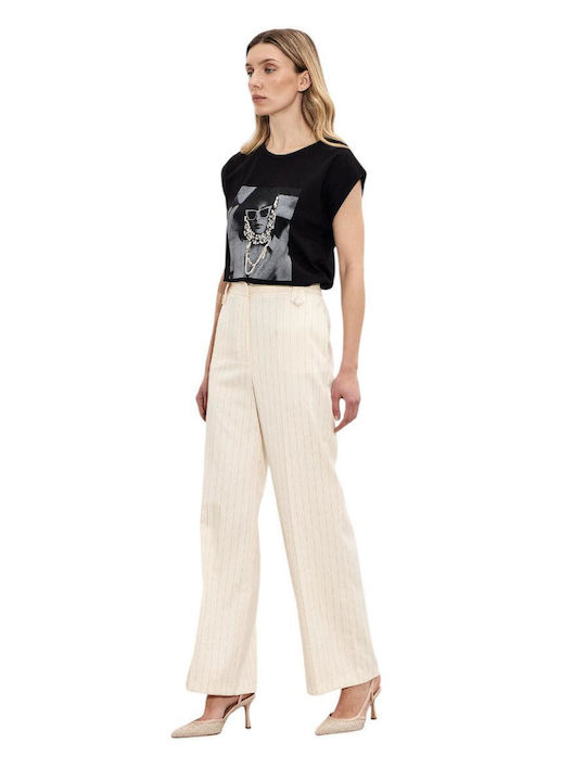 Femei Talie înaltă Din material textil Pantaloni Cu dungi Ecru