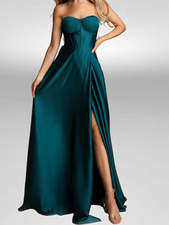Καλοκαιρινό Maxi Φόρεμα για Γάμο / Βάπτιση Strapless Σατέν Εξώπλατο Πράσινο