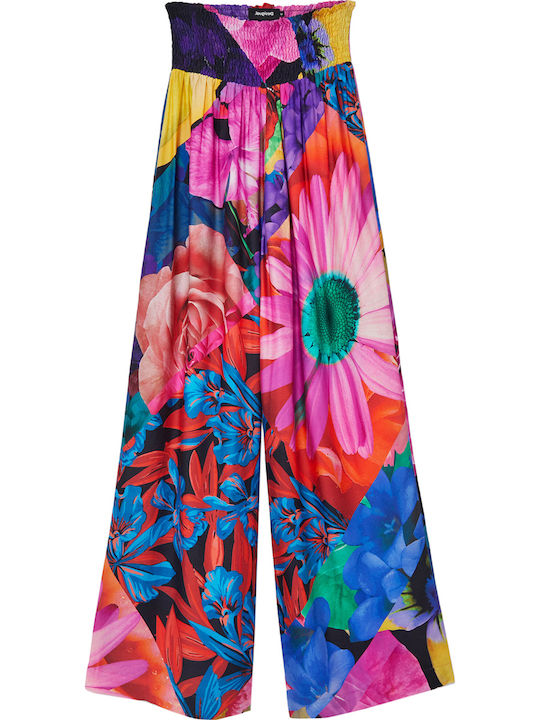 Marsella Women's High-waisted Fabric Trousers with Elastic in Palazzo Fit Floral