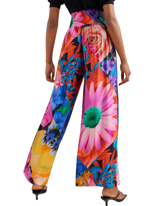 Marsella Women's High-waisted Fabric Trousers with Elastic in Palazzo Fit Floral