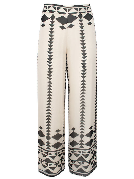 Women's Fabric Trousers with Elastic Beige-Black