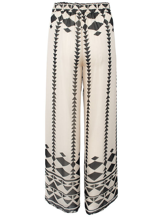 Women's Fabric Trousers with Elastic Beige-Black