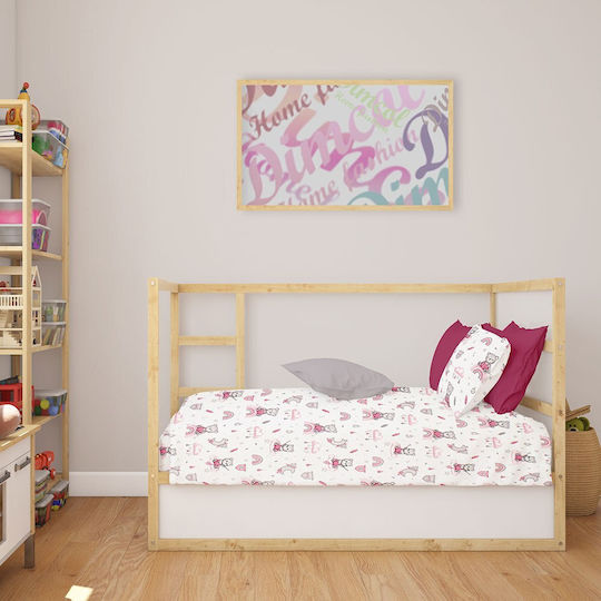 Dimcol Cloudy Bear Baby Sheet Crib Cotton Fitted Pink 70x140cm