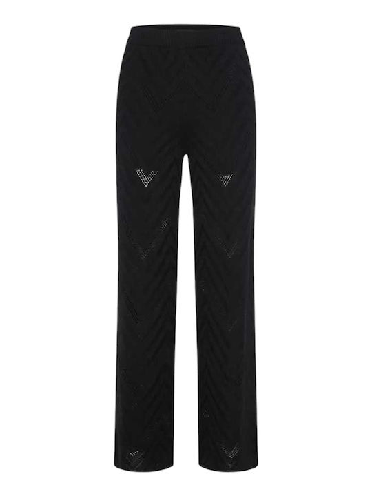 Damen Hoch tailliert Stoff Hose mit Gummizug Schwarz