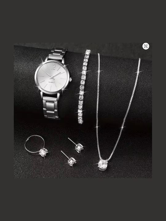 Set Bracelet Set Womens Battery Watch with Silver Steel Bracelet