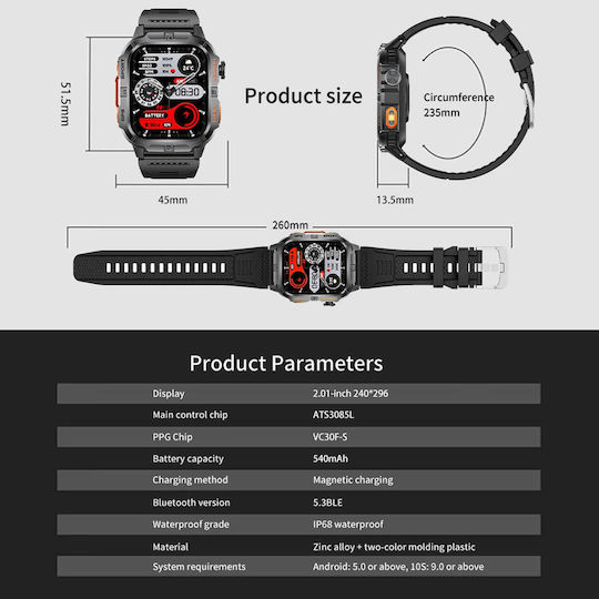 Microwear GTH3 Stainless Steel Smartwatch with Heart Rate Monitor (Blue)