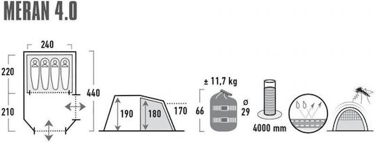 High Peak Meran 4.0 Dome Camping Tent Green with Double Cloth 3 Seasons 440x240x190cm