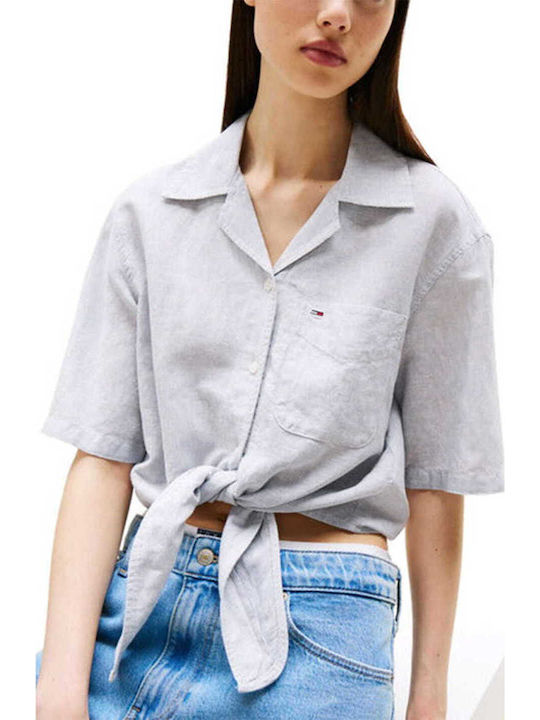 Tommy Jeans Crop Linen Shortsleeve Shirt Blue