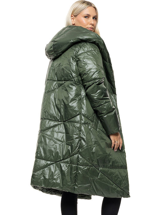 Μακρύ Γυναικείο Μπουφάν για Χειμώνα Green