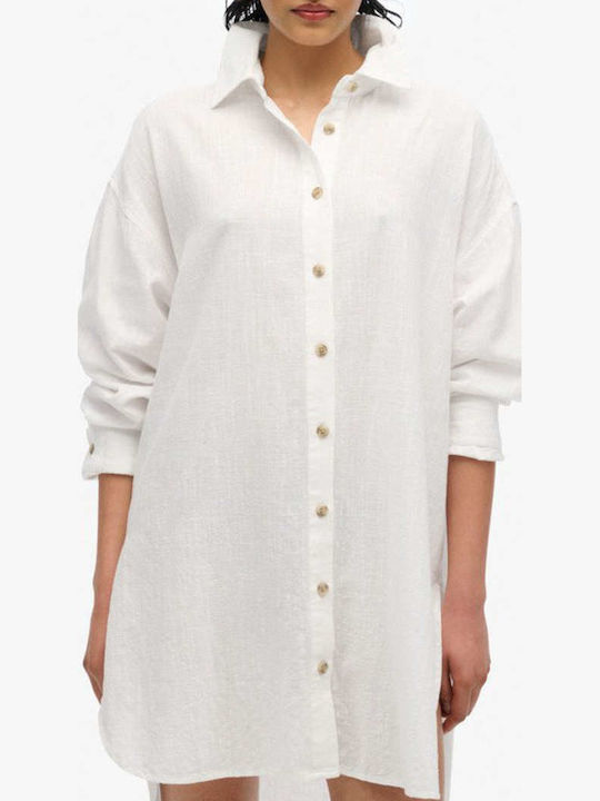 D2 Stud Ibiza Longline Beach Shirt Μακρυμάνικο Γυναικείο Πουκάμισο Λευκό