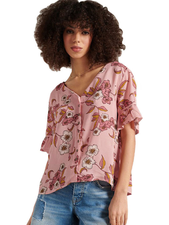 Kurzärmelig Damen Hemd Rosa Blumen