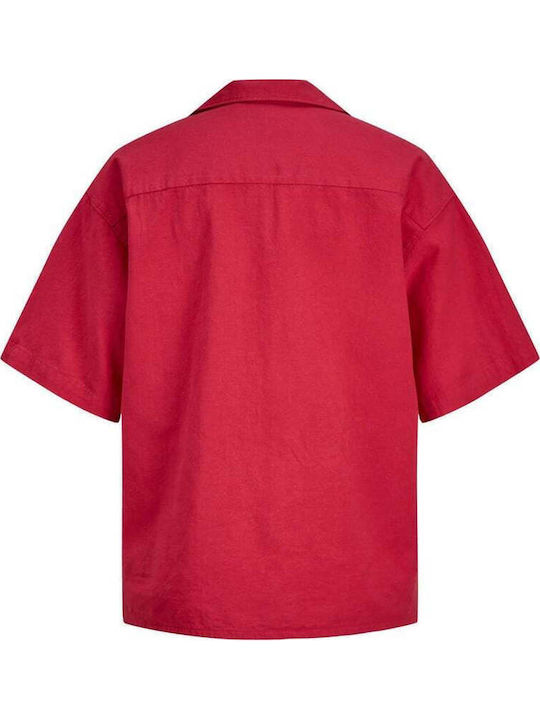Kurzärmelig Damen Leinen Hemd Fuchsie Monochrom