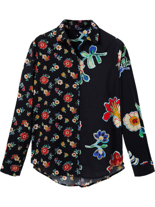 Langärmelig Damen Hemd Schwarz Blumen