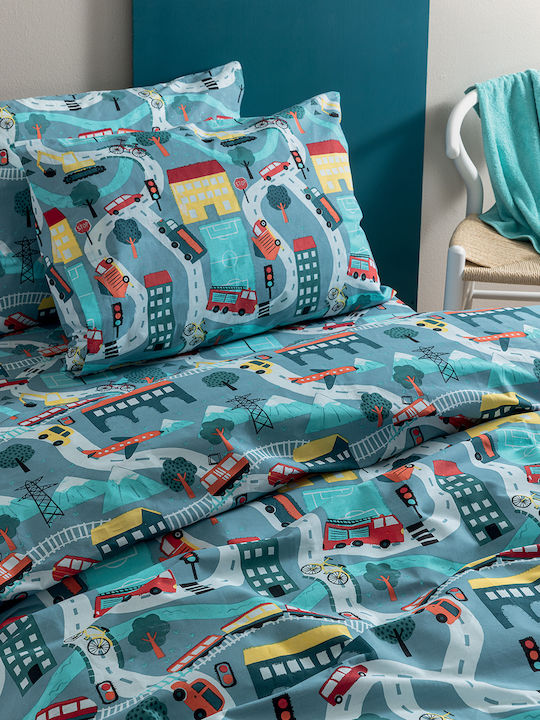 Palamaiki Single Sheets Set with Elastic Band MK771 Blue 110x200cm