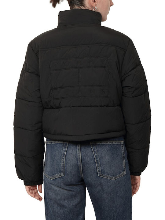 Crop Γυναικείο Puffer Μπουφάν Αδιάβροχο για Χειμώνα Μαύρο