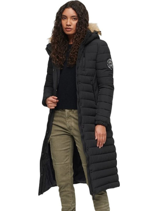 Fuji Women's Long Puffer Jacket for Winter with Hood Black