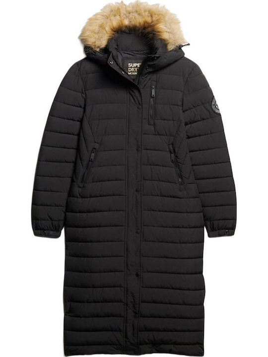 Fuji Women's Long Puffer Jacket for Winter with Hood Black