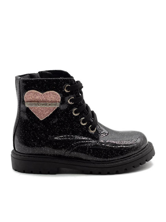 Leather Kids Military Boots with Zipper Black
