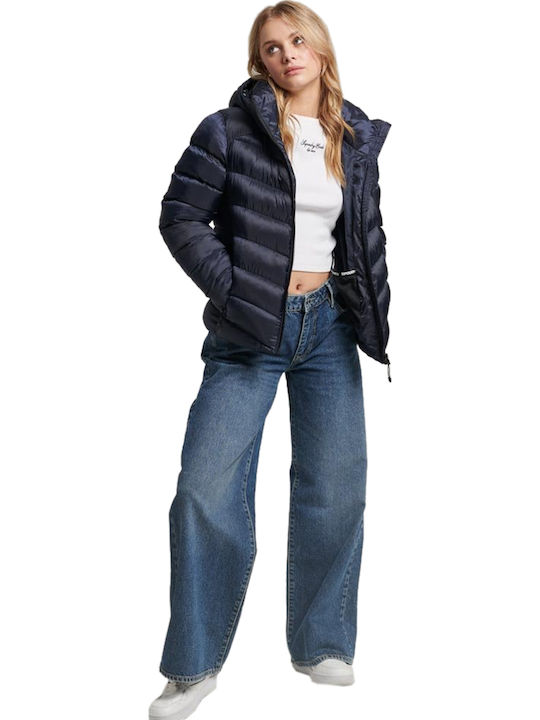 Women's Short Puffer Jacket for Winter with Hood Blue