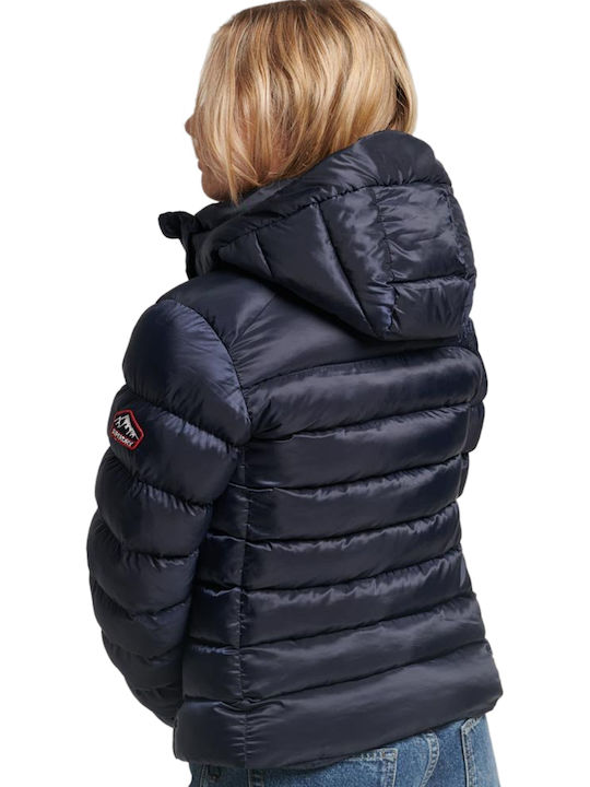 Women's Short Puffer Jacket for Winter with Hood Blue
