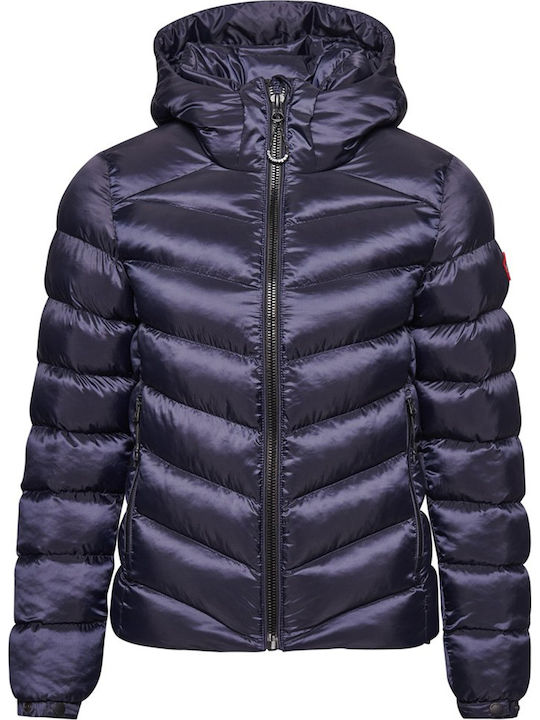 Women's Short Puffer Jacket for Winter with Hood Blue