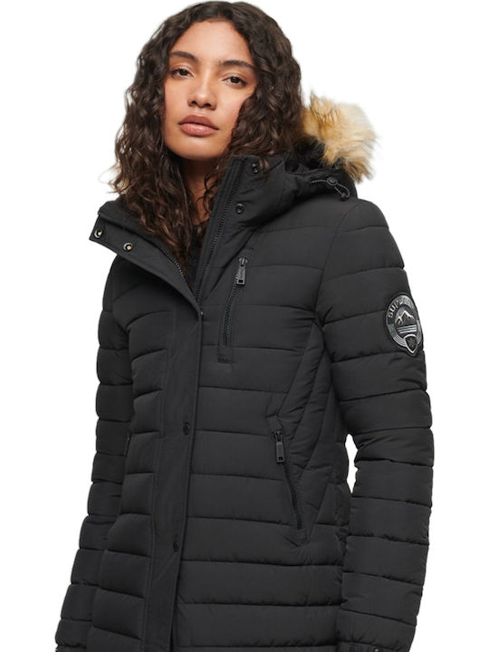 Fuji Women's Long Puffer Jacket for Winter with Hood Black