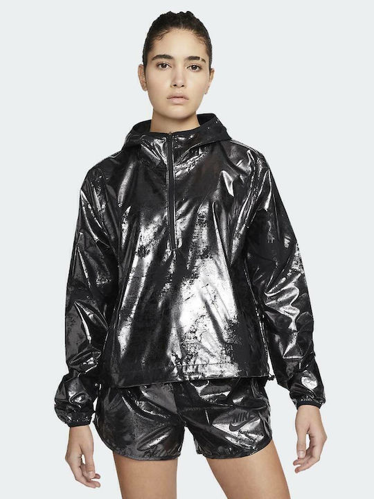 Air Women's Running Short Sports Jacket Windproof for Spring or Autumn with Hood Black