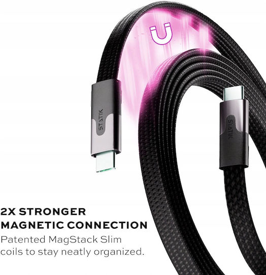 Statik MagStack Slim Pro Flat / Magnetic / Braided USB 2.0 Cable USB-C male - USB-C 100W PD Μαύρο 1m