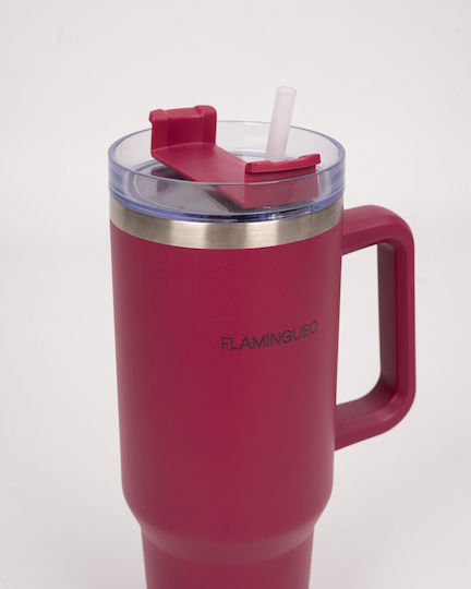 Flamingueo Handled Tumbler Stainless Steel 1.18L Burgundy with Straw and Handle