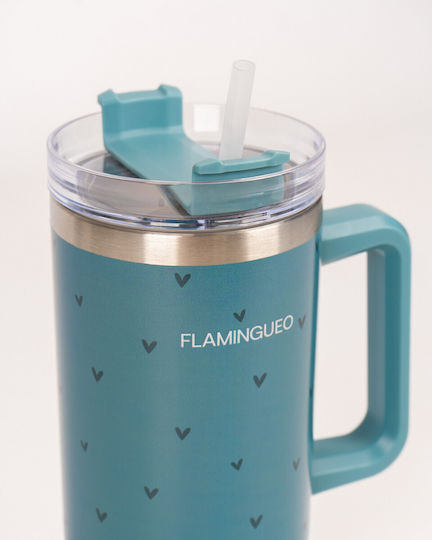 Flamingueo Handled Tumbler Θερμός Ανοξείδωτο 1.18lt Πράσινο με Καλαμάκι και Λαβή