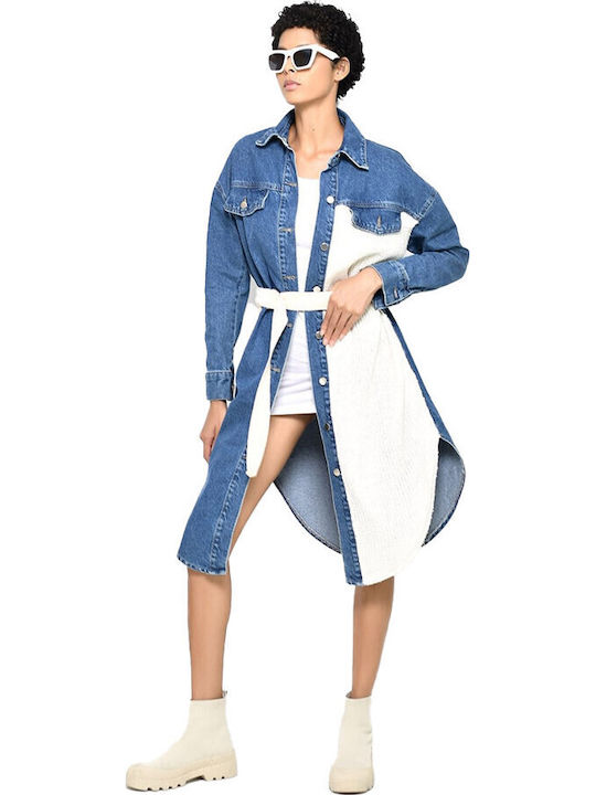 Rochie-Cămașă Midi Din Denim Bicolor