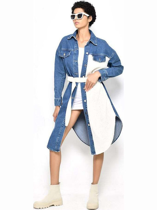 Rochie-Cămașă Midi Din Denim Bicolor