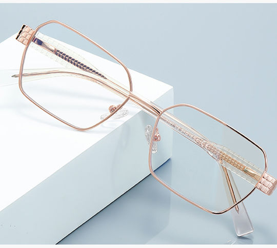 Techsuit Anti-Blue Light Glasses Reflex PC 3161 Women Rectangle Metal Frame AC Lens Rose Gold