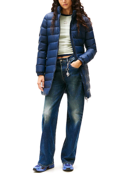 Women's Short Puffer Jacket for Winter with Detachable Hood Dark Blue