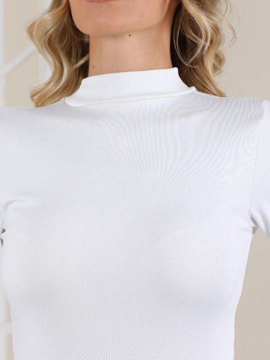 Bluza Damă Mânecă Lungă Crop Pulover Bumbac Cu Guler Înalt Alb