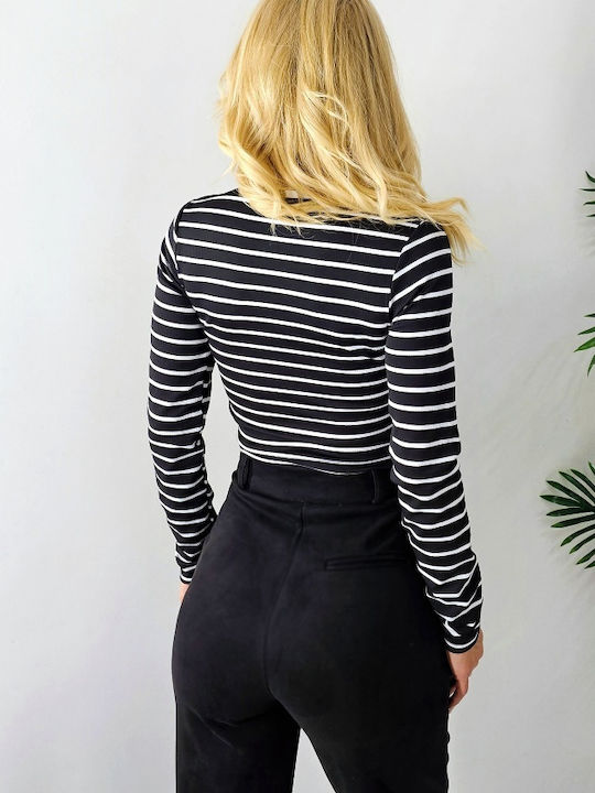 Bluza Damă Mânecă Lungă Crop Pulover Cu Dungi Neagră
