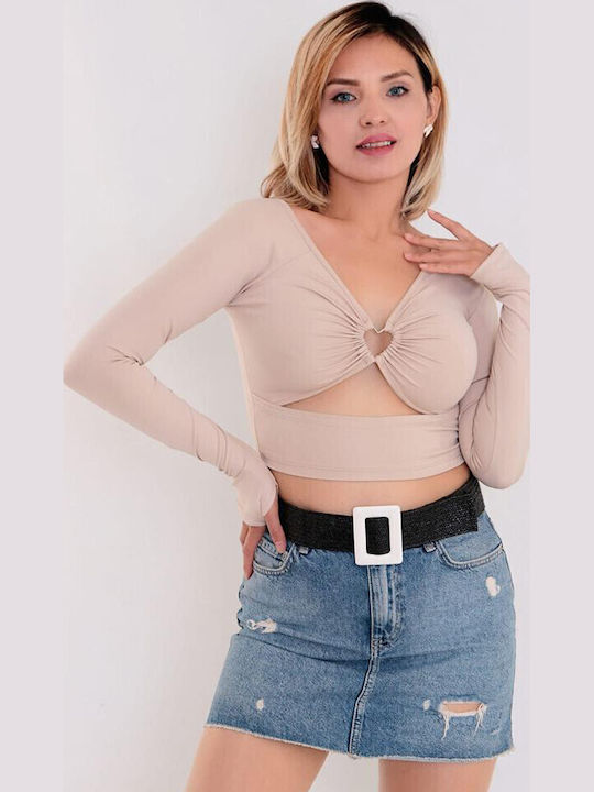 Bluza Damă Crop Top Mânecă Lungă Crem