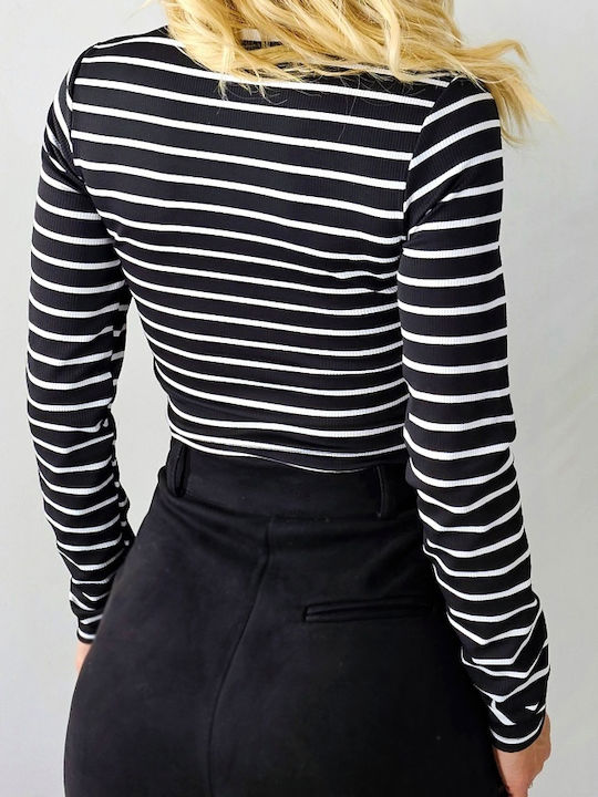 Bluza Damă Mânecă Lungă Crop Pulover Cu Dungi Neagră