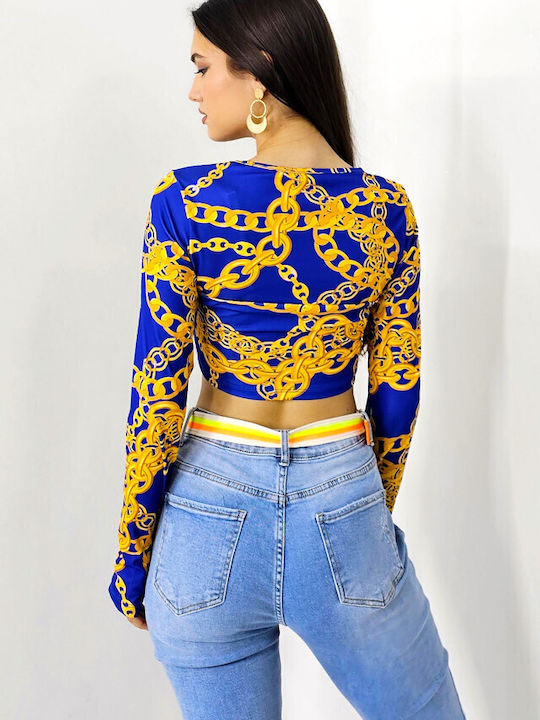Damen Sommer Crop Top Langarm Blue