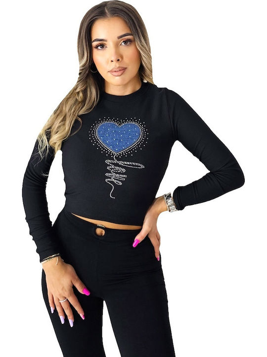 Bluza Damă Crop Top Bumbac Mânecă Lungă Cu Dungi Neagră