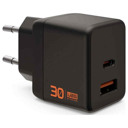 UAG Charger Without Cable GaN with USB-A Port and USB-C Port 30W Power Delivery Black/Orange (SRGE)