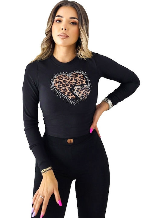 Bluza Damă Bumbac Mânecă Lungă Animal Print Neagră