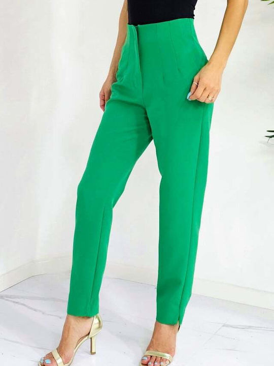 Women's High-waisted Fabric Trousers Tapered Floral Emerald Green