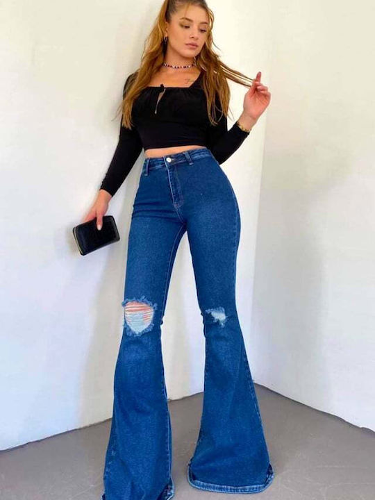 Hoch tailliert Damenjeans Schlaghose in Entspannter Passform Blue