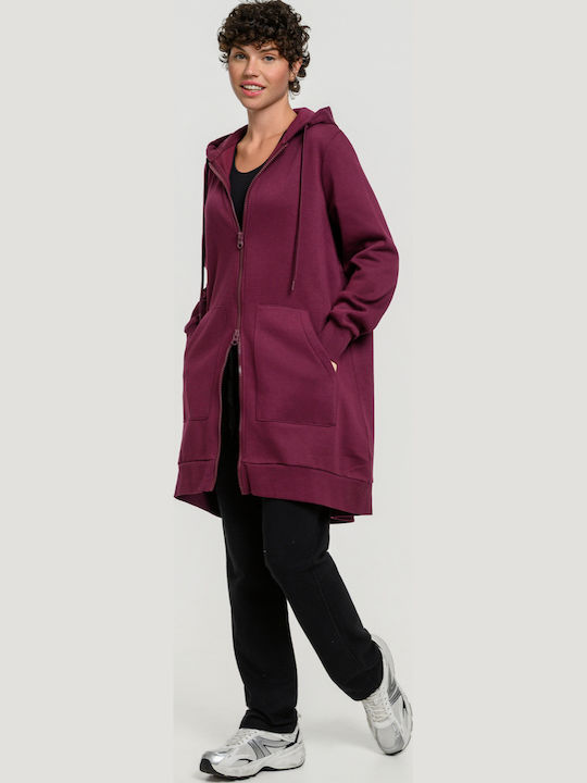 Μακριά Fleece Γυναικεία Ζακέτα με Φερμουάρ σε Μπορντό Χρώμα